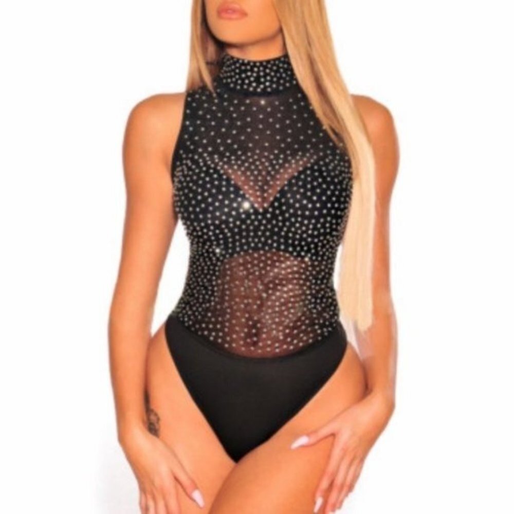 Boutique Black Sexy Sheer Bling Body Suit Top